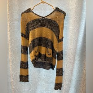 knit sweater striped pockets hood blue and white